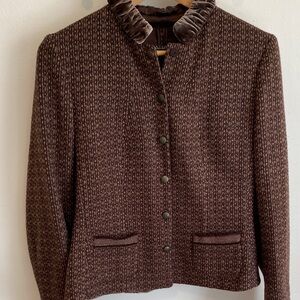 Tahari Brown Tweed and Velvet Trim Blazer Sz M